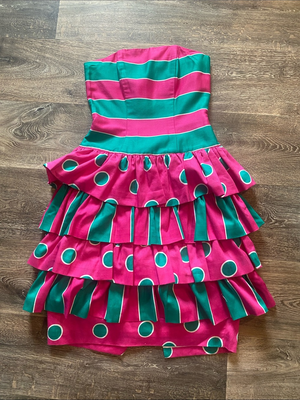 Strapless Pink & Teal Tiered Ruffle Dress